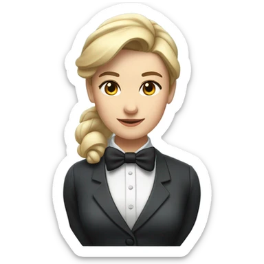 a caucasian female butler with a professional and elegant demeanor. She has her hair neatly tied in a ponytail and wears a classic butler uniform, including a tailored vest, crisp white shirt, and bow tie. sticker