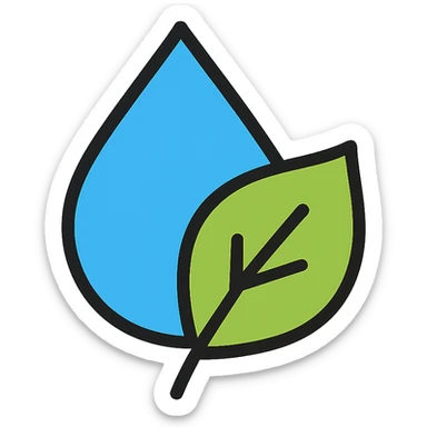 water droplet and a leaf merged together, outlined in black with color fills, crisp icon style sticker