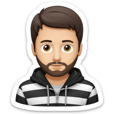 White Man with short dark brown hair and stubble beard, black and white stripped hoodie sticker