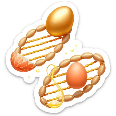 Golden egg, bright salmon, chicken, and tofu floating around a glowing DNA strand. Golden muscle fibers extend from the foods, showing how complete proteins build and repair the body. The entire scene has a magical glow representing essential amino acids. sticker