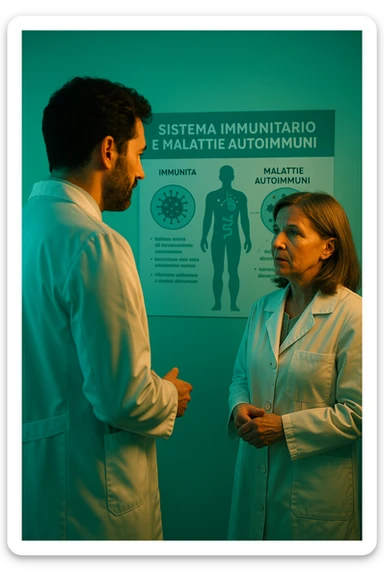 Realistic, detailed photo taken from behind of one doctor e un paziente —a bearded man and a middle-aged woman—standing and facing each other as they discuss an autoimmune disease diagnosis in front of a medical chart that displays information about the immune system and autoimmune conditions. The scene is illuminated by a yellowish, orange, warm light that softly envelops the doctors. The entire room is bathed in a single green-blue color, creating a cohesive and modern atmosphere. Both doctors wear white coats, and their body language suggests a serious, professional conversation about the complexities of autoimmune diseases. Shot with a Canon EOS R5, with high detail and natural depth of field. in italiano sticker