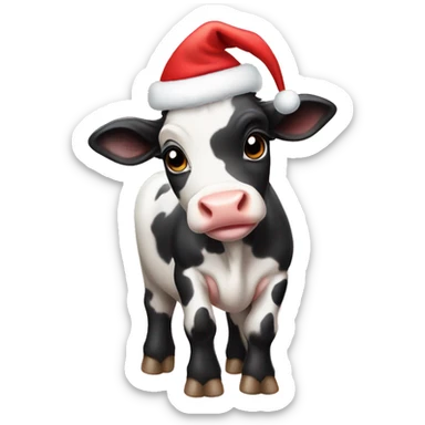 A baby cow wearing a Christmas hat sticker