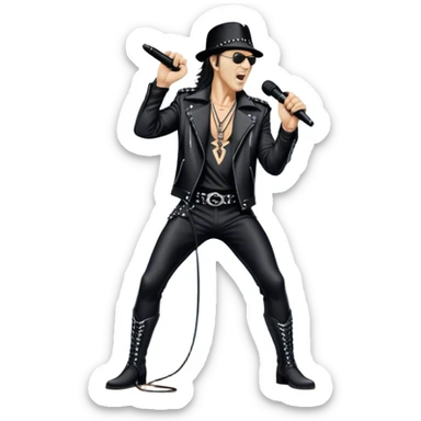 Icon for Rock Music: Klaus Meine holds a microphone stand in his hands performing with Scorpions on stage, with powerful stage presence. The vibe should capture the energetic and iconic sound of Scorpions, with vibrant lighting and a stadium atmosphere. Transparent background. sticker