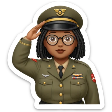 chubby black girl with pretty black shoulder-length locs and round glasses wearing a wwii soldier uniform and saluting sticker