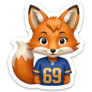 A cute girl fox with a bushy tail wearing a LA Rams shirt - with the number 69 on it sticker