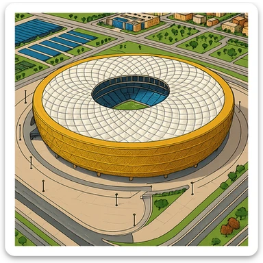 Изометричная, яркая, детализированная и фотореалистичная иллюстрация стадиона Lusail Stadium в стиле 3D-коллажей городов, насыщенные цвета, аккуратные и чёткие линии, мультяшно-реалистичная стилистика. Чёткие контуры, не размазанные линии, высокое качество, прозрачный фон, не обрезать края стадиона. sticker