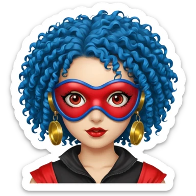 blue curly haired girl with huge earrings, wearing red paintball eye mask , only face  sticker