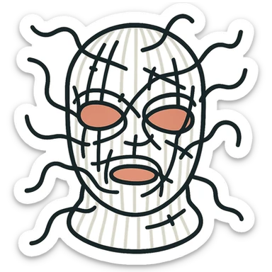 The mask is a full-head, white knitted balaclava with a tight ribbed texture. It features two asymmetrical eye openings and a partially exposed mouth area. Black thread is stitched across the surface in chaotic, abstract lines that trace facial features, giving a hand-drawn effect. Several black cords extend outward from the mask, varying in length and direction, adding a sculptural, almost organic appearance. The overall look is bold, handcrafted, and visually striking. sticker