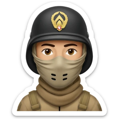 
an Iraqi soldier with a serious face, wearing a helmet and a balaclava covering his mouth sticker