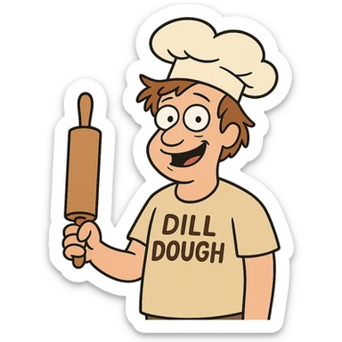 A cartoon guy named Dill Dough wearing a baker's hat, holding a rolling pin, friendly expression, light brown hair, whimsical and humorous. sticker