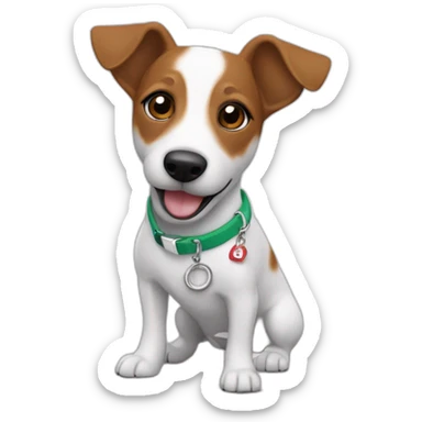 jack russel with a keychain that says” Kokos” sticker