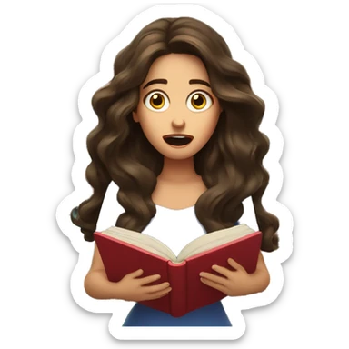 brunette long wavy hair woman shocked face while holding and reading book sticker