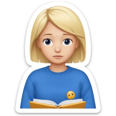 blonde girl in a blue sweater with a tired look studies lessons emoji ios 18.1 sticker