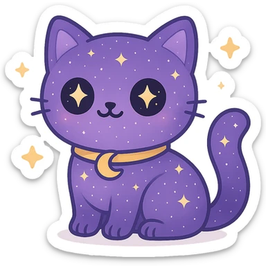 Remove the background, keep the adorable purple galaxy gothic cat with crescent moon collar and transparent background, no background visible. sticker