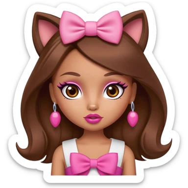 Bratz doll character with brown hair, pink bow, big lips, and foxy eyes sticker