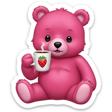 A pink bear is holding a strawberry and drinking coffee with a transparent background in a teenager hand-drawn, 2D, japanese charectors like, style sticker