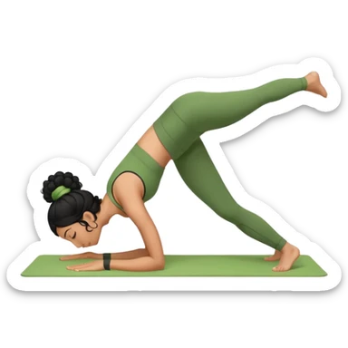 a woman with olive skin tone and curly black hair wearing green and doing a downward dog yoga pose sticker