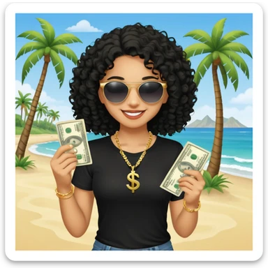 Mixed-race person with curly hair smiling, wearing black t-shirt, necklace and sunglasses, holding dollar bills in both hands, at beach with palm trees sticker
