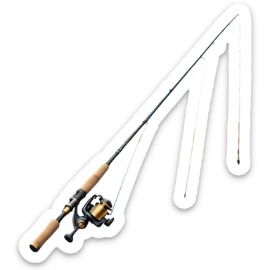 Cinematic Realistic Fishing Rod, sleek graphite rod with a smooth, polished reel, thin line disappearing into a shimmering lake, warm golden sunlight reflecting off the water, glowing with a tranquil and adventurous aura. sticker