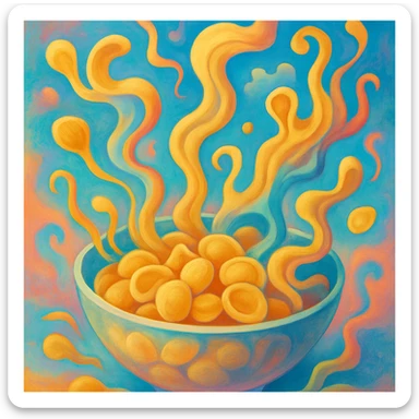 a surrealist interpretation of a bowl of orecchiette, with pasta morphing into abstract forms, playful and imaginative sticker