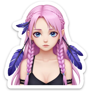 Gorgeous beautiful pretty grumpy anime lady long-pale-pastel-pink-hair with one braid on each side, hanging purple-pink feather-ear-cuffs in hair, black bodysuit, blue eyes, pink iris, ethereal, fashion aesthetic  sticker