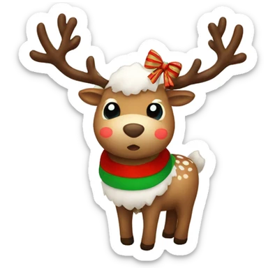 fluffy cute reindeer with a red and green striped bow sticker