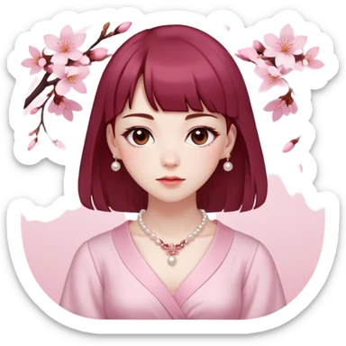 woman with pale skin, soft pink blushed cheeks, brown eyes, skinny eyebrows, dark red hair with bangs, hair is long under her shoulders, a sakura hairpin in one side, pearl necklace, makeup with light pink colours in douyin style, white shirt under a pink dress sticker