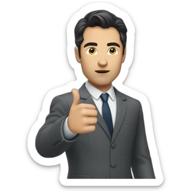 man with dark hair in gray suit pointing finger serious face sticker