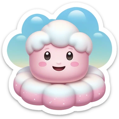 Cinematic fluffy pastel marshmallow character, soft round edges, tiny sparkly eyes, a small happy smile, glowing warmly, floating in a dreamy soft sky. sticker