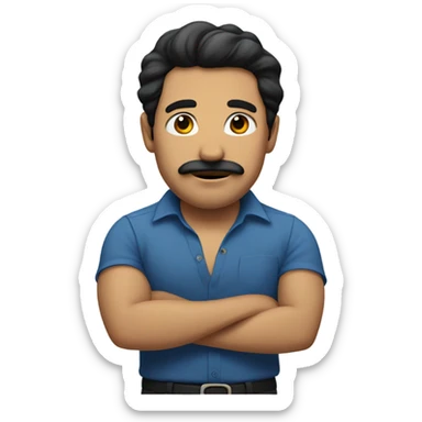A man with a barely grown mustache and black hair blue shirt sticker