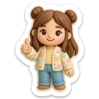 3D chibi fondant cake art style, high-quality rendering with smooth shadows and soft gradients. Girl based on reference image, preserve facial features, long brown hair in two space buns, brown eyes, jeans, pastel floral cardigan, thick white outline like a sticker, transparent background. Thumbs up, happy expression, consistent appearance with previous stickers. sticker