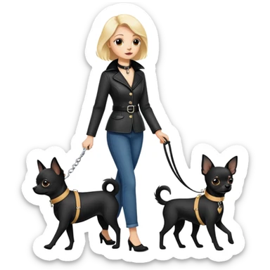 Lady wearing a leash getting walked by a black Chihuahua sticker
