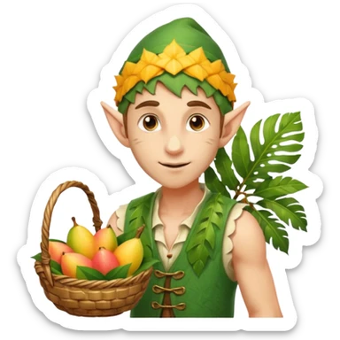 elf male Sleeveless vest with palm-leaf print, basket of exotic fruits (mango/lychee), sunburned nose. sticker