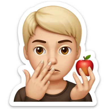 emoji with displeased face, smelling its fingernails, focus on nails, apple emoji style sticker