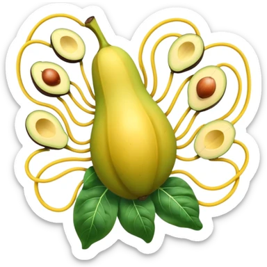 Golden banana, avocado, potatoes and spinach floating around a glowing nervous system and heart. Electrical waves connect these potassium-rich foods to nerves, heart and muscles, showing how potassium supports electrical stability and fluid movement in the body. sticker