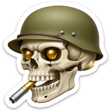 Una calavera 💀 soldado 🪖 mordiendo una bala en su boca sticker