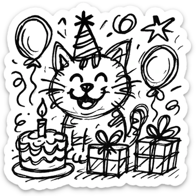 chaotic outlined icon of a ginger tabby kitten wearing a birthday hat, surrounded by a birthday cake, balloons, gifts, and a happy expression sticker