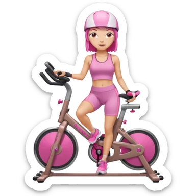 Light tan girl with a brown bob hat style with pink highlights in a pink workout set leaning on a indoor cycle bike, no helmet but add pink hair highlights  sticker