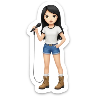 Crie uma cantora morena charmosa de shortes top e bota com microfone branca e cabelo preto sticker