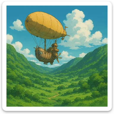 flying airship over a lush green valley sticker