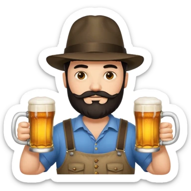big man in yoga pose, bright skin, dark beard and dark short hair, holding beer mugs sticker
