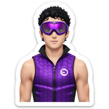 male athlete with white skin and moderately curly black hair on top with shaved sides, wearing ski goggles with purple frames and very dark black lenses, a simple plain black chain necklace, and a completely unzipped sleeveless vest with purple and black sequin fire pattern design with no logo or brand emblem, fully revealing his chest, shoulders and arms, no earrings sticker