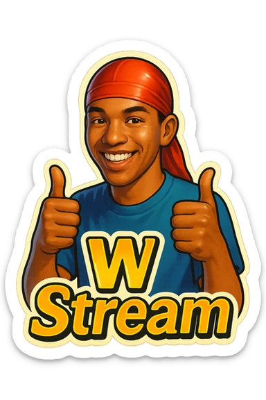 Make him Smiling With 2 thumbs up
Change His durag To Red
Add the words W Stream sticker