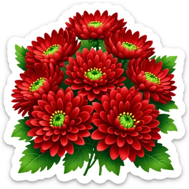 big bouquet Bright Red Chrysanthemum, luxuriant, leaf, bud sticker