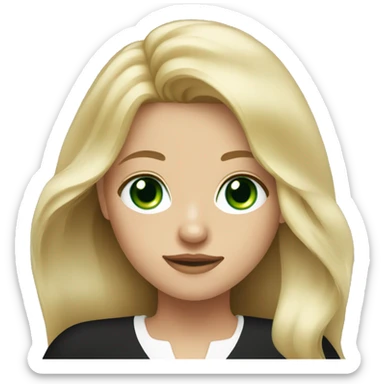 Blonde girl with long hair, with green eyes in a black dress with a white neckline sticker