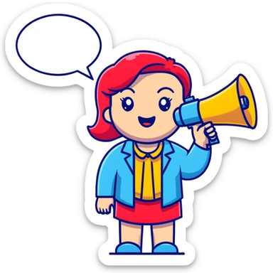 cute cartoon female psychologist with megaphone and feminist symbol, joyful and humorous, pink red yellow palette, modern style sticker