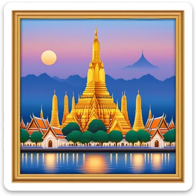Cinematic Realistic Wat Arun Landmark Emoji, depicted with majestic temple spires illuminated against twilight rendered with intricate detail and soft, ethereal lighting. sticker