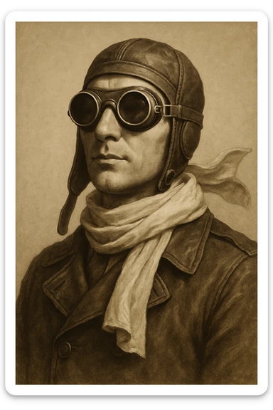 a pilot with classic aviator look, wearing goggles and scarf, neutral background sticker