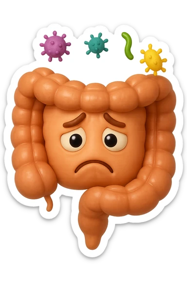 EMOJI STILE IPHONE 3D DI INTESTINO 3D CON ESPRESSIONE TRISTE  IN VOLTO MENTRE SOPRA LUI FLUTTUANO BATTERI, FAGLI ANCHE LA PARTE BIANCA DEGLI OCCHI, NON SOLO LA PUPILLA sticker