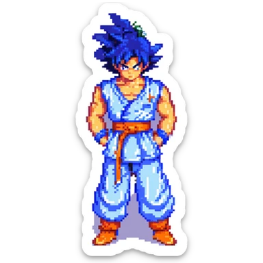 Goku, pixel art, classic anime look, fighting stance, blue and orange colors sticker